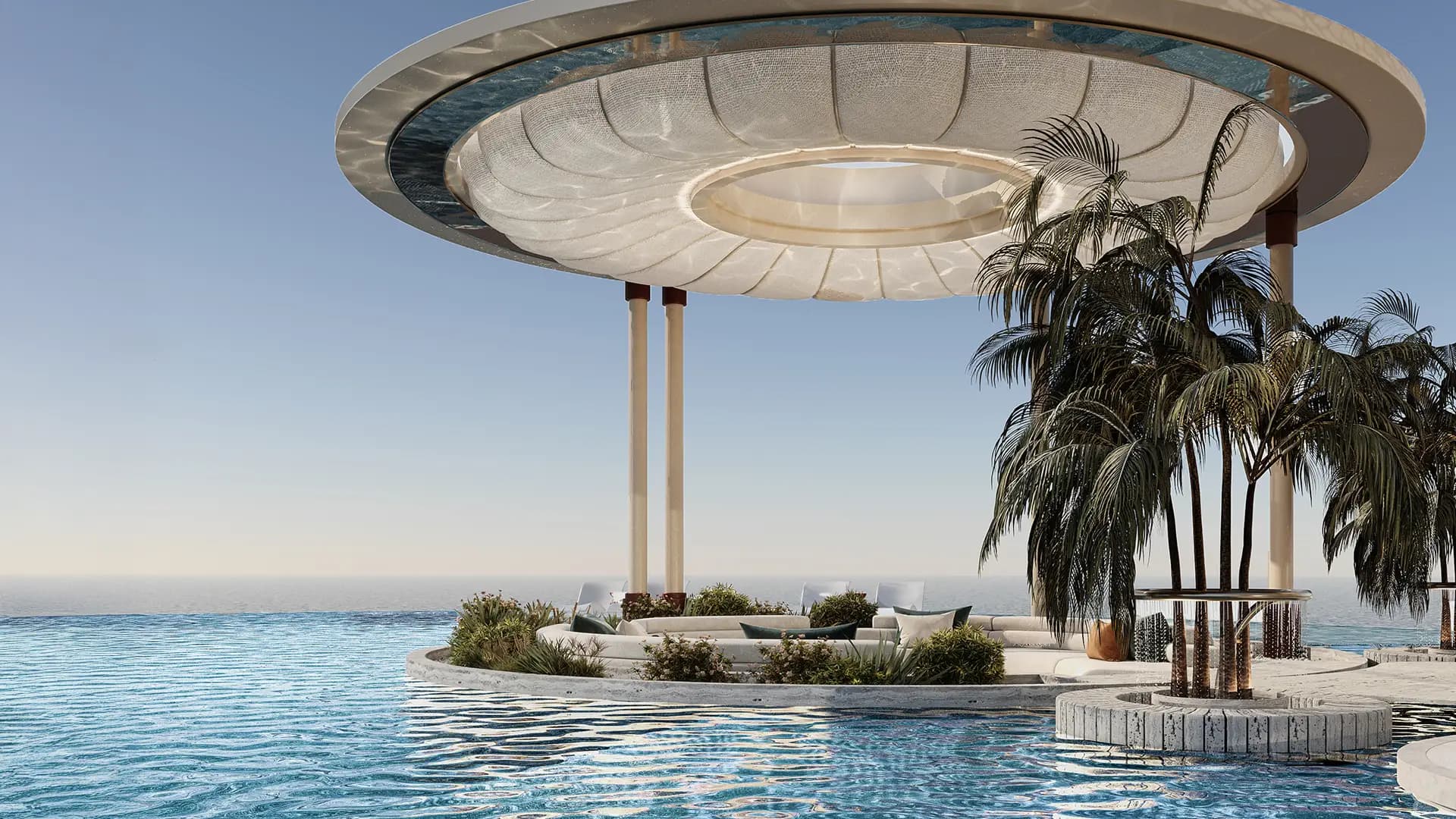 AMRA beachfront infinity pool under palm trees